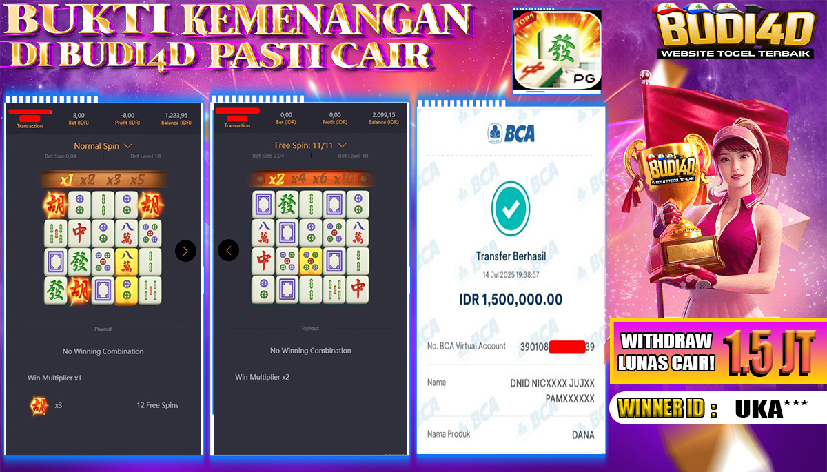 BUDI4D JACKPOT USERID: UKA**** SLOT PGSOFT MAHJONG WAYS Rp.1.500.000,- LUNAS